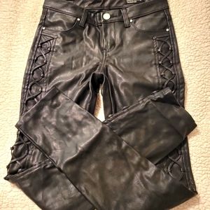 Women's/teen pleather black biker skinny pants. Vegan